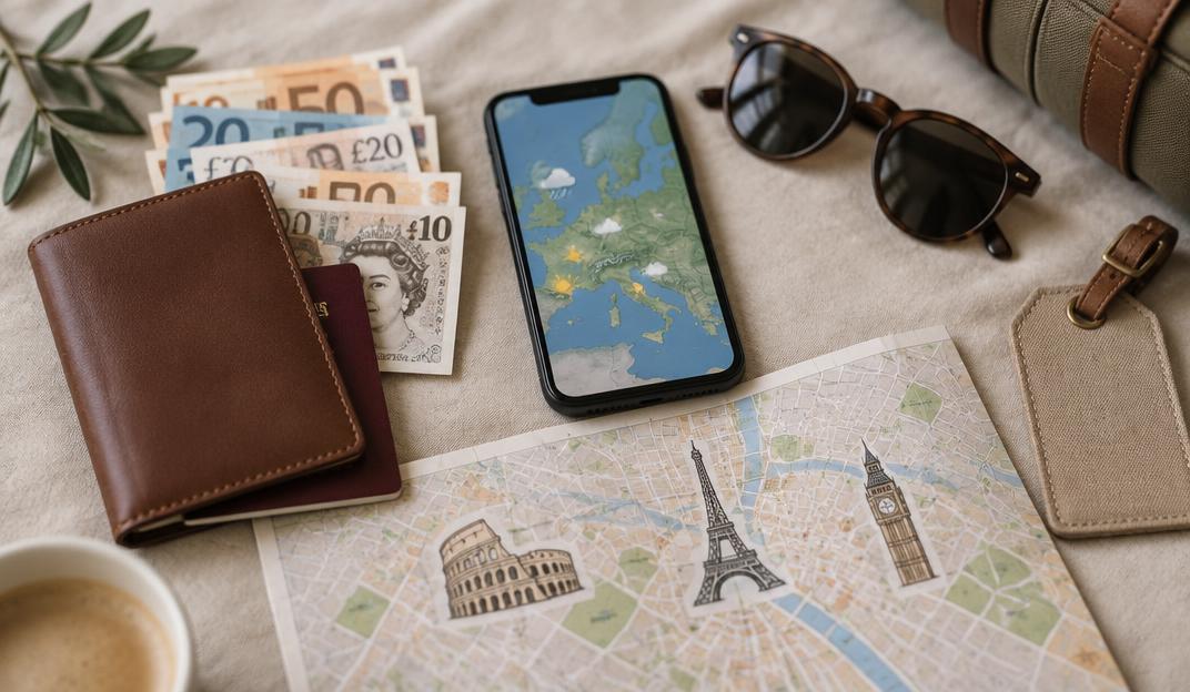 Passeport, monnaie, smartphone avec météo et carte de voyage
